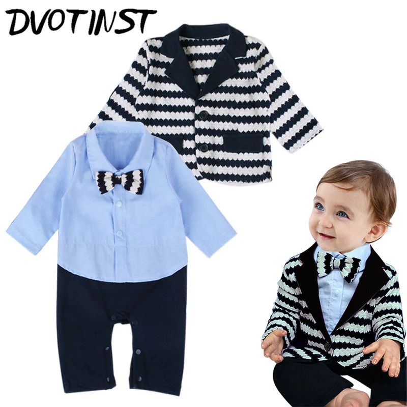 Dvotinst Baby Boys Gentleman Bow Tie Blue Rompers+Coat Set Outfits