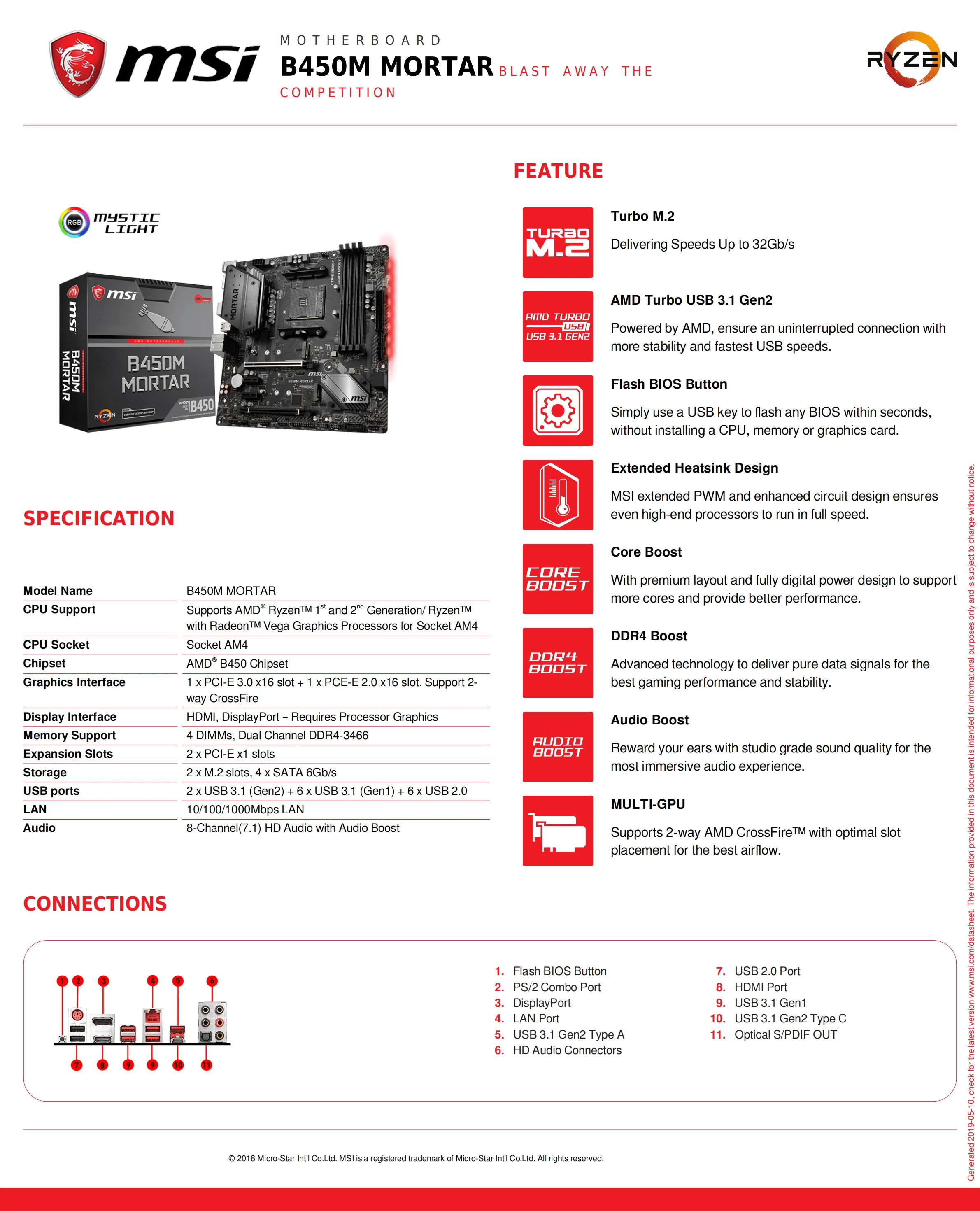 MSI B450M раствор материнская плата Sockel AM4 DDR4 HDMI DisplayPort 2x M.2 USB 3 1 Gen2 6x Gen1 микро atx