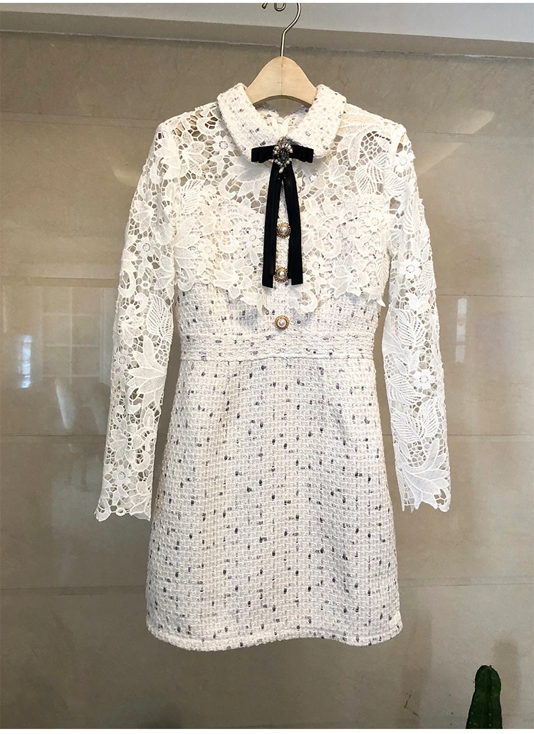 SMTHMA высококачественное Роскошное дизайнерское белое твидовое платье для женщин, кружевное лоскутное платье с бантом и бриллиантами, Платья для вечеринок, женские платья