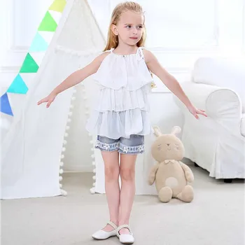 

BABAONIU Girls Summer Clothes 2019 Teen Girls Clothing Nail Beads Chiffon Halter+Flower Denim Shorts Children Clothes 10 Years