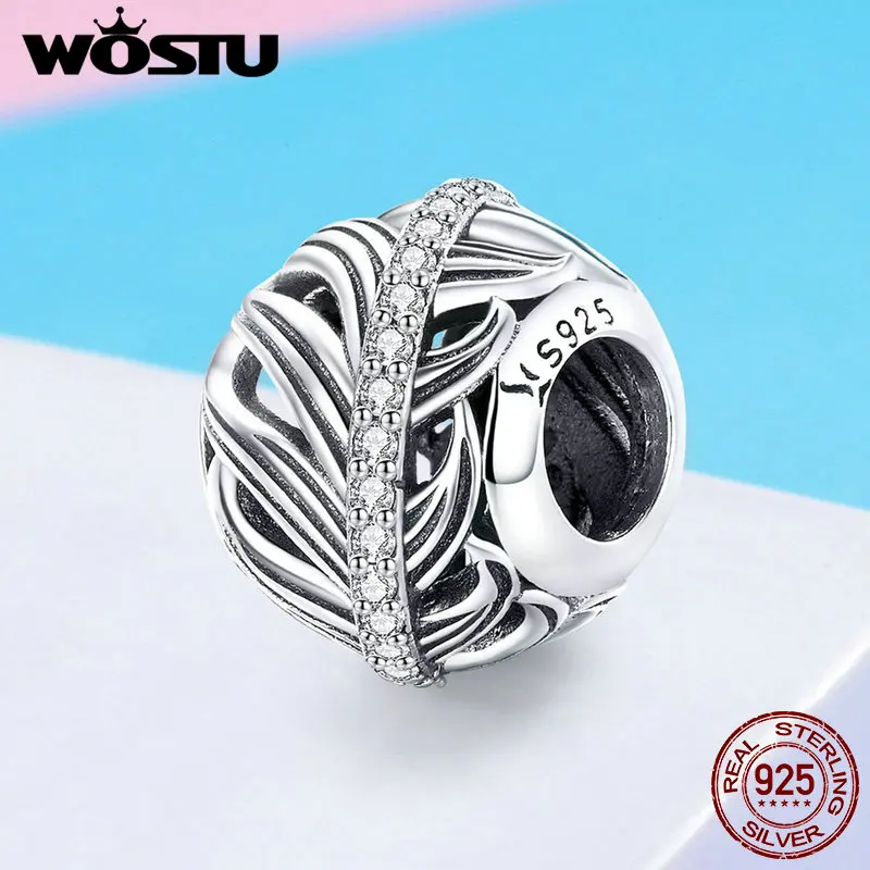WOSTU Real 925 Sterling Silver Feathers Beads Zircon Charms Fit Bracelet Pendant Charms For Women Wedding Silver Jewelry FIC1065