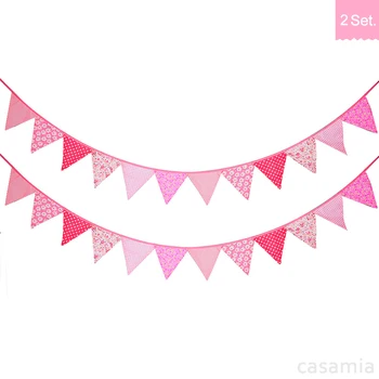 

2 Sets Pink Blue Handmade 12 Flags Bunting Double Side Fabric Flag Banner Garland Wedding Party Decoration Event Party Supplies