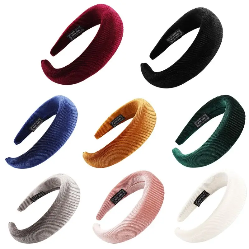 

8 Colors Korean Lady Padded Wide Sponge Headband Glitter Velvet Twill Striped Hair Hoop Retro Party Solid Color Thick Headpiece