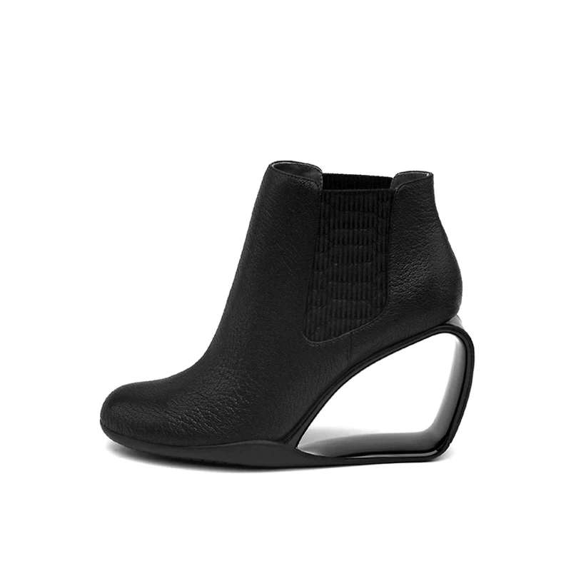 Осенние ботинки для женщин; женские ботильоны с вырезами на каблуке; черные ботинки на танкетке без застежки; женская обувь из натуральной кожи; HL109 muyisxi