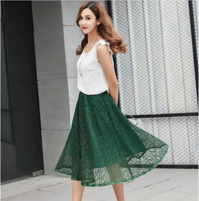 Винтажная летняя юбка миди, Женская эластичная фатиновая кружевная юбка с высокой талией, длинная Плиссированная трапециевидная юбка для женщин - Цвет: Зеленый