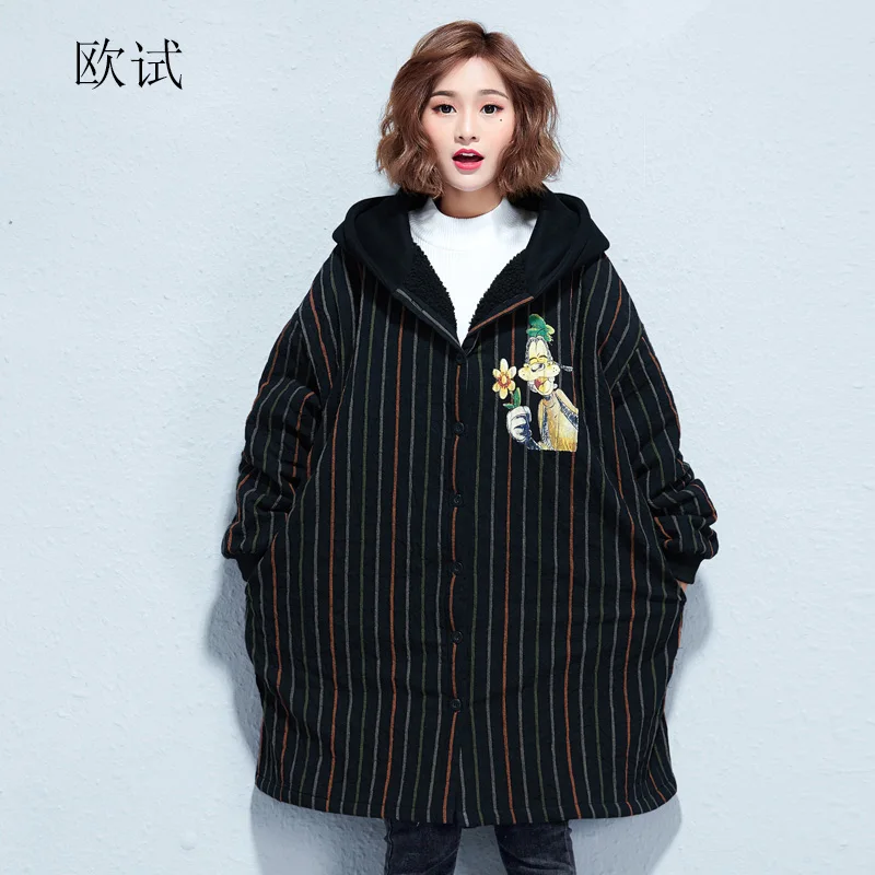 

Plus Size Hooded Striped Cartoon Winter Fleece Coat Women Thicken Warm Printed Parka Casual Loose Long Womens Coats 4XL 5XL 2019
