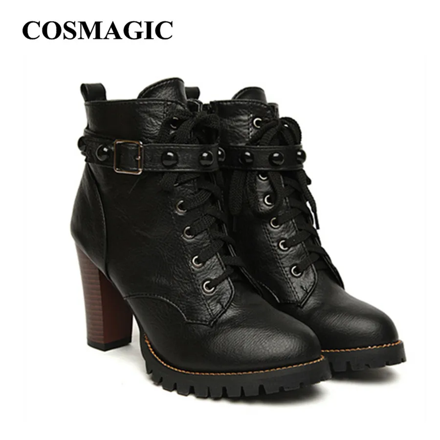 GDGYDH Stylish Black Platform Ankle Boots for Women - Gothic Punk Style with Rivet Buckle Straps, Round Toe, High Block Heel, Side Zipper - Versatile for All Seasons