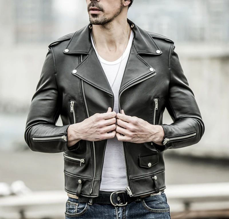 Nouveau Hommes Veste en cuir Slim Fit Motard Moto véritable peau d/'agneau Veste-Uk1118
