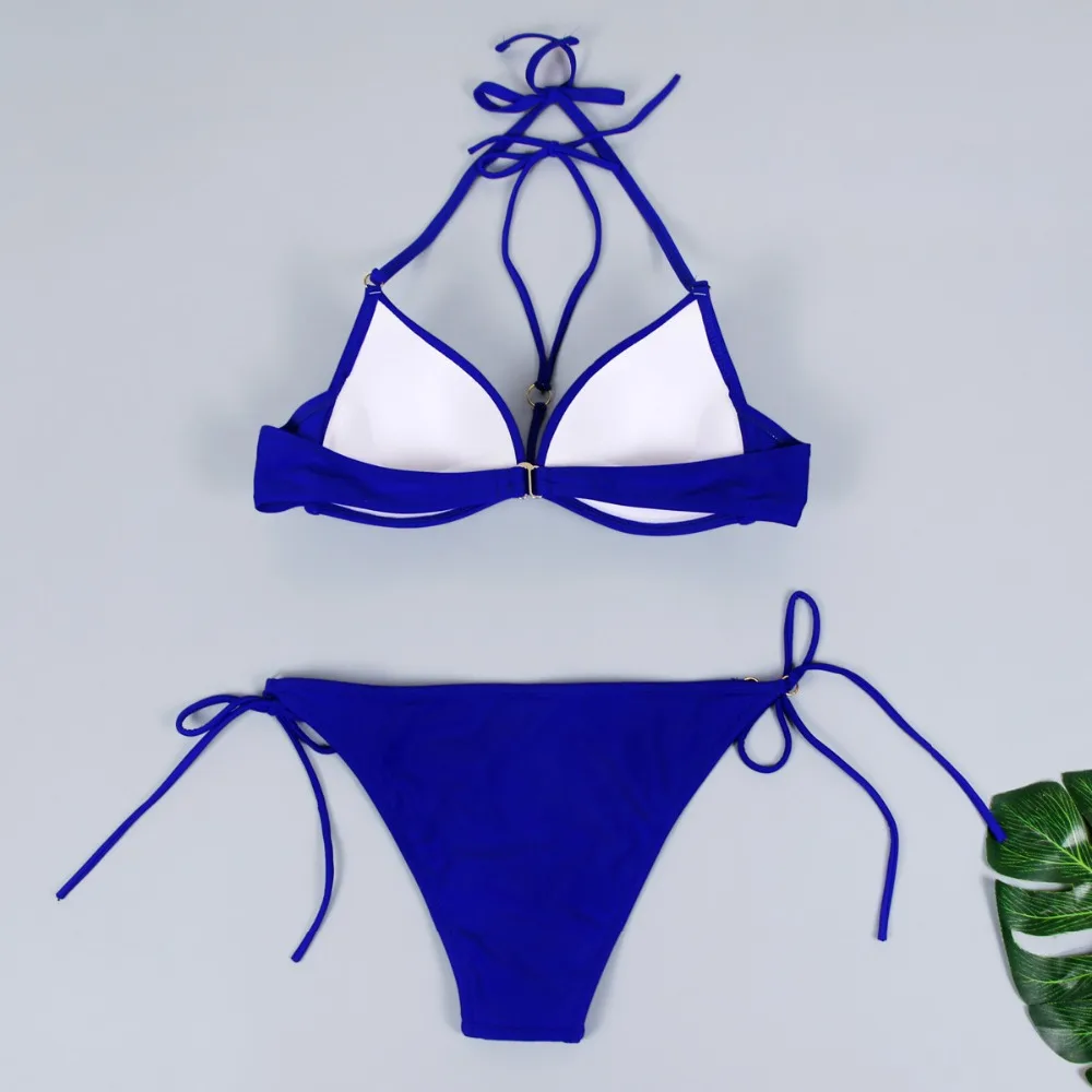 Sexy SPA Bikini Soild Pleated Push-Up Bustier Full Cut Thin Straps Triange Halter Top Wiht Selt Tie Side Low Waist Bikini Set 226