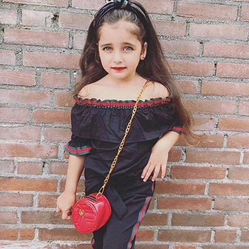 

2019 New Kid Girls Clothes Set Baby Girls Black Ruffles Off Shoulder Tops+Long Striped Pants Children Fashion Summer Clothes