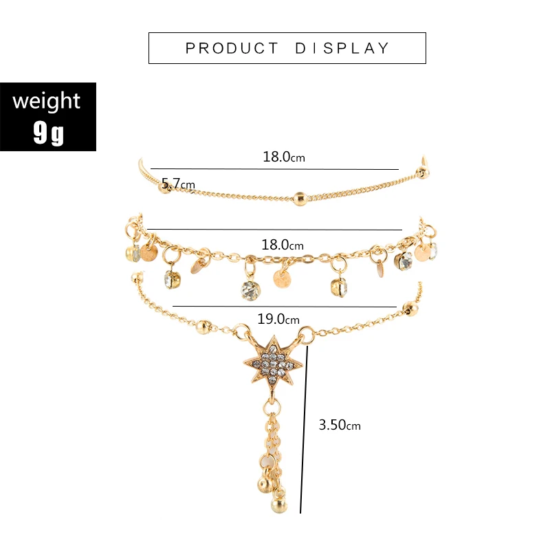 Tocona 3pcs/sets Fashion Foot Chain Natural Crystal Star Anklets Bracelets for Women Summer Jewelry Accesorios Mujer 7118