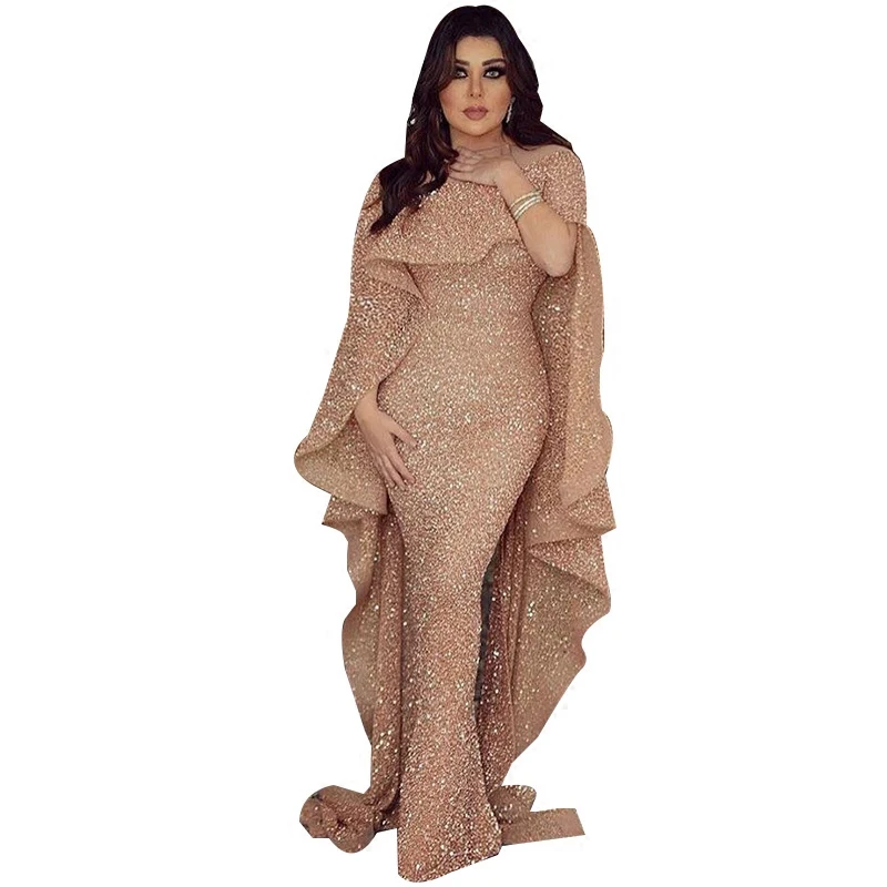 

2019 Fashion Hot sale O-Neck Ruffles Sequined Sexy Women Long Dress Body Con Celebrity Evening Host Party Dresses Wholesale