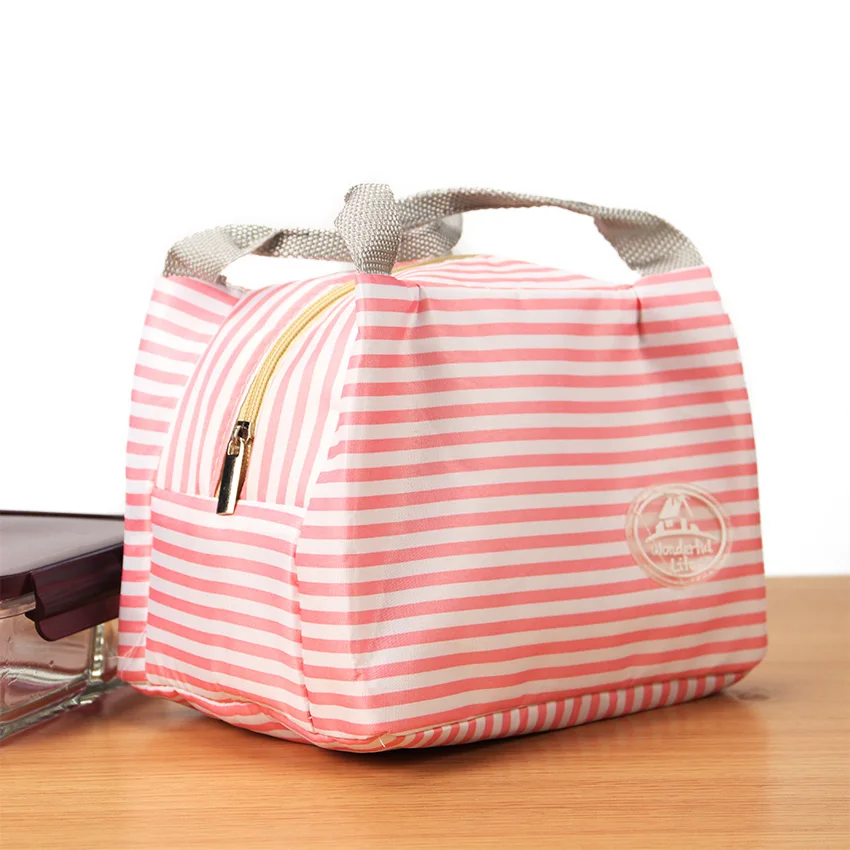 Модная Милая портативная Изолированная Холщовая Сумка для обеда, Термосумка для еды, путешествий, пикника, сумки для обеда, сумка-холодильник для обеда - Цвет: Pink Stripes
