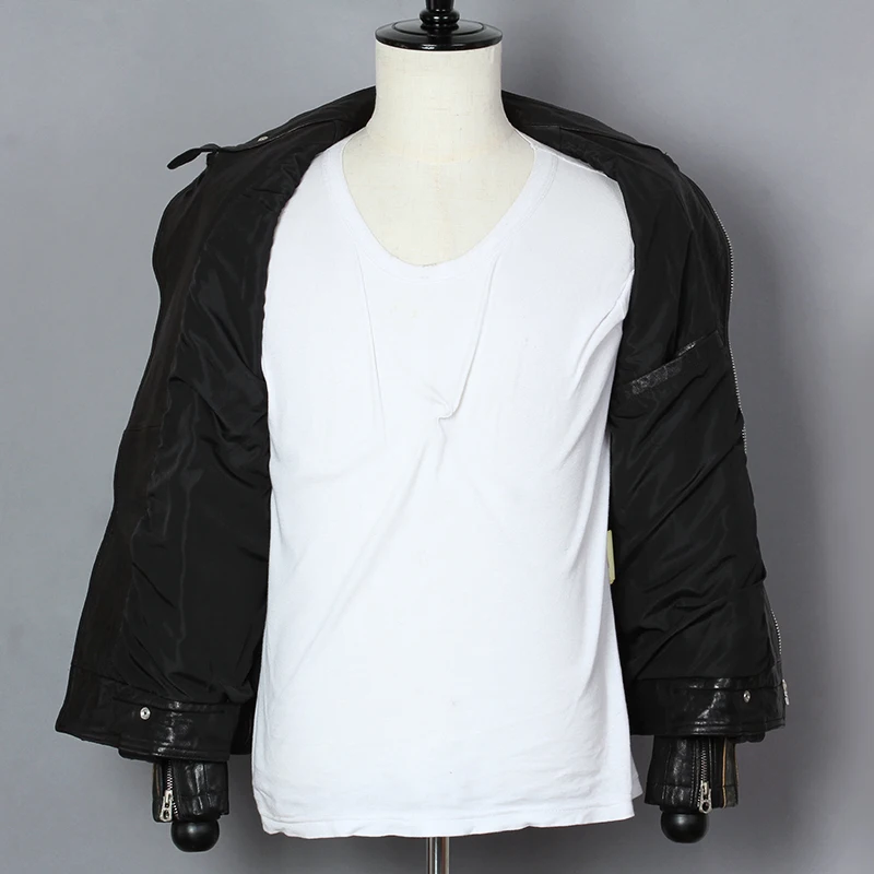 Excellent 2019 Fashion Genuine Leather Jacket Men Sheepskin Turn Down Collar Slim Fit Real Leather Jacket Short Letter pattern Autumn Coat 5