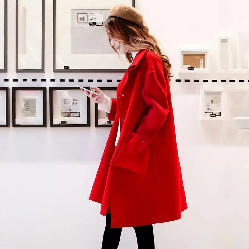 

2018 new winter wool coat female long thick loose red coat
