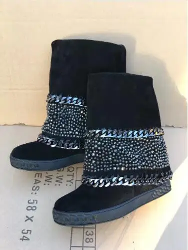 Altura Rodilla Zapatos Picture Genuino Cuero Invierno Las Cristal as Altas Aumento As Plataforma Cadena Cuñas 80mm Gamuza Mujeres Botas De Picture wqZBSBx4O