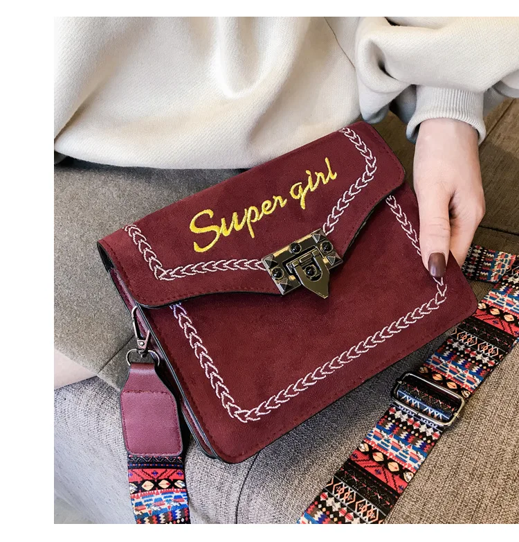 Women's Suede Leather Vintage Handbag Metal Lock Crossbody Bag with Colorful Strap Stylish Girl Red Black Brown Cross Body Purse (3)