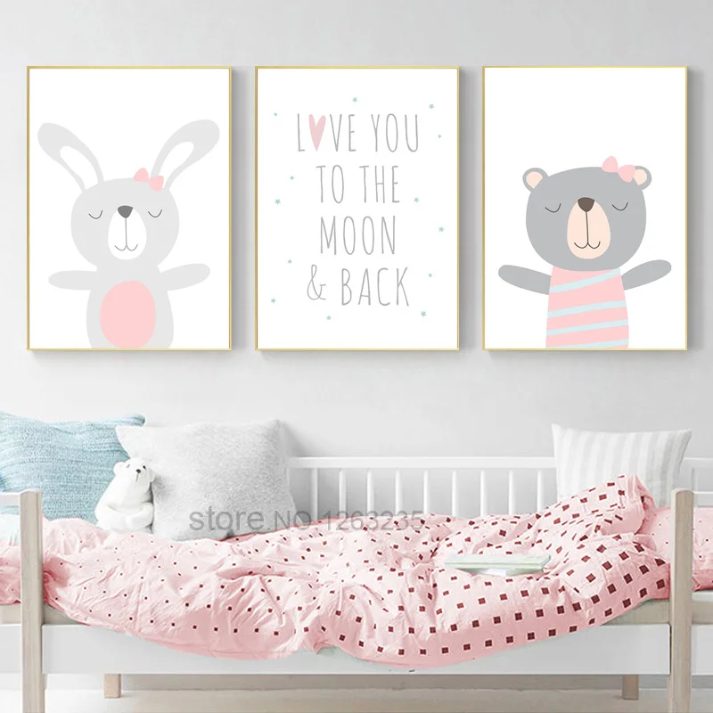 Bear Rabbit Nordic Poster Nursery Wall Pictures For Living Room Cartoon Baby Girl Room Decor Wall Art Canvas Painting Unframed