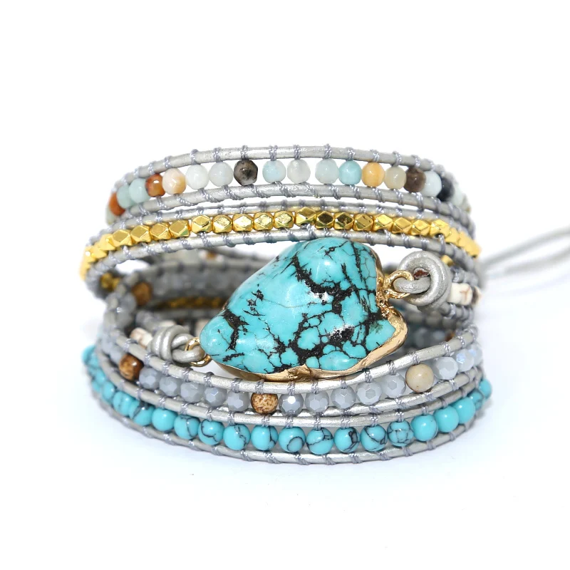 

2019 new Unique Mixed Natural Stones turquoises Charm 5 Strands Wrap Bracelets Handmade Boho Bracelet Women Leather Bracelet