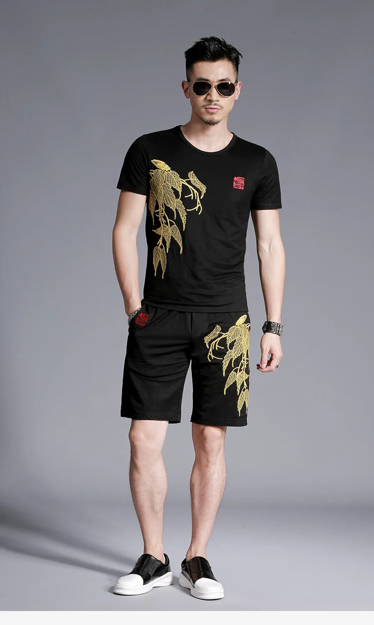 Модный повседневный комплект из футболки и шорт в китайском стиле с вышивкой и листьями, лето 2018, новый качественный хлопковый льняной