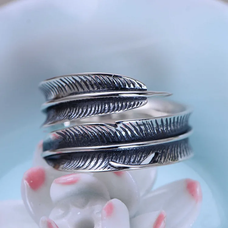 

925 Sterling Silver Jewelry Ring Opening and Retro Feather Free Shipping