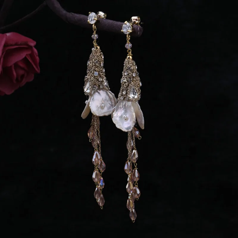 925 pure silver designer fashion hand inlaid long tassel Crystal Earrings