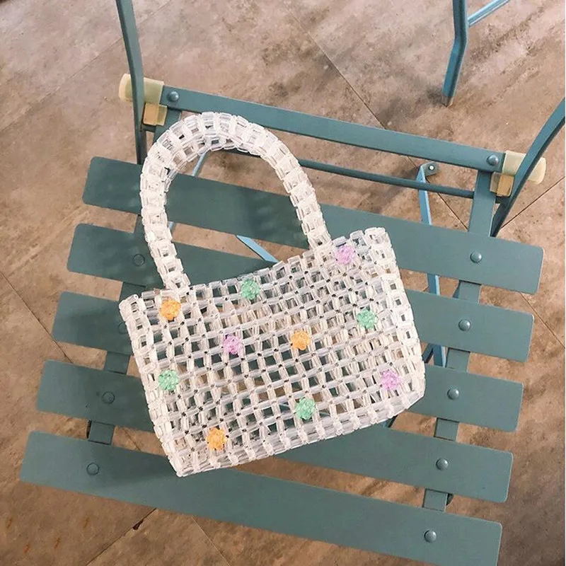 

Transparent Clear Crystal Beading Women's Handbag Hollow Out Handmade Tote Summer Beach Bag Luxury Lady Purse Evening Party Bag