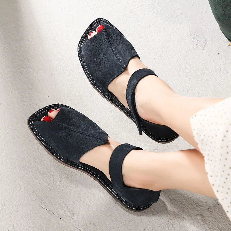 

2019 Spring Summer Flat Shoes Women Nubuck Leather Sandals Peep Toe Soft Leather Casual Ladies Sandals