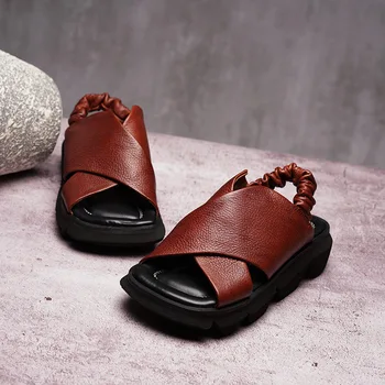 

Original 2019 spring and summer new fish mouth platform shoes female leather retro comfortable sandals