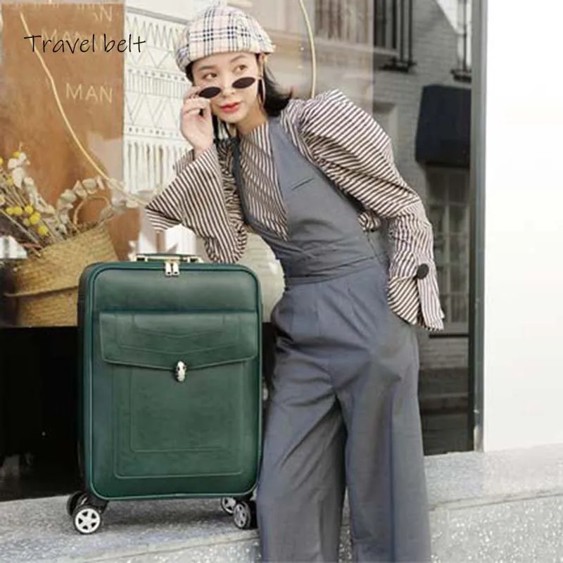 Пояс для путешествий, модный роскошный бренд, багаж на колёсиках, Спиннер для женщин, ретро, кожзам, дорожные сумки, благородный чемодан, колеса - Цвет: Армейский зеленый