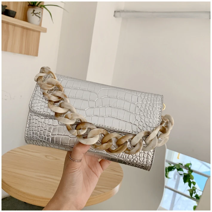 

Acrylic Chains Box Bag Women Mini Crocodile Alligator Leather Totes Handbag Mesenger Crossbody Bag