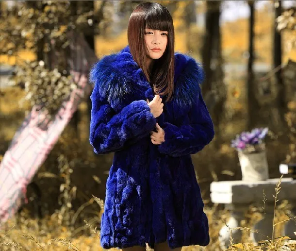 

Free Shipping Women Long real genuine natural rex Rabbit Fur coat with big raccoon fur collar Jacket Waistcoats Wholesale