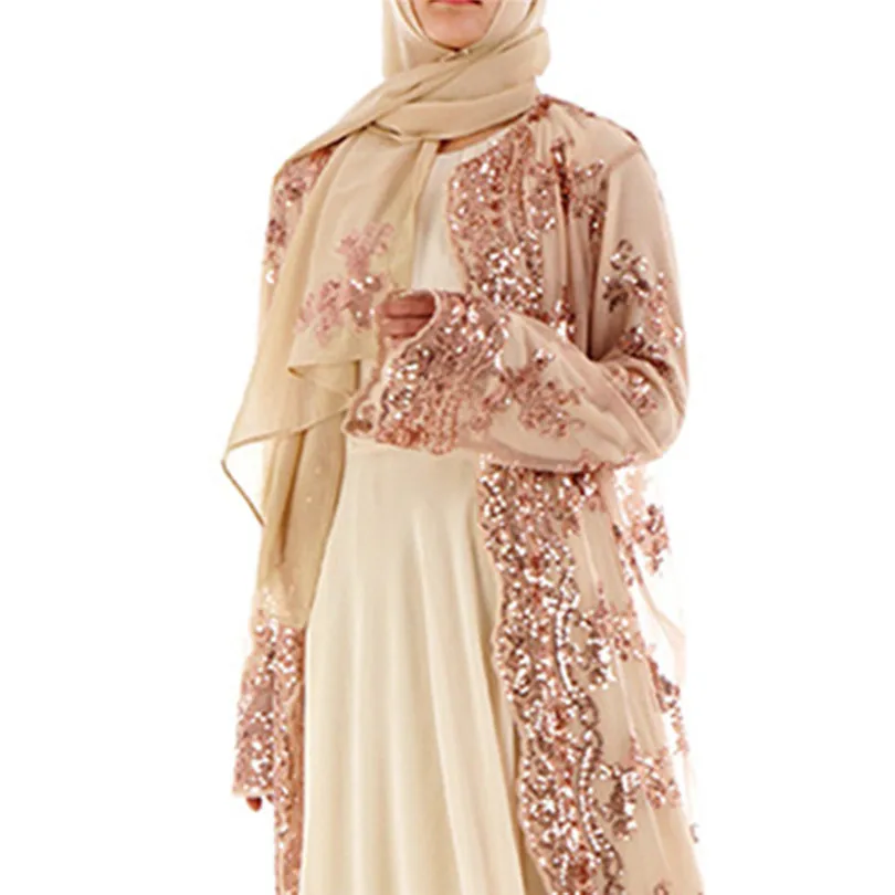 New Muslim Women Summer Lace Sequin Cardigan Long Sleeve Maxi Dress Kimono Open Abaya Robe Kaftan Dubai #4F08 (16)