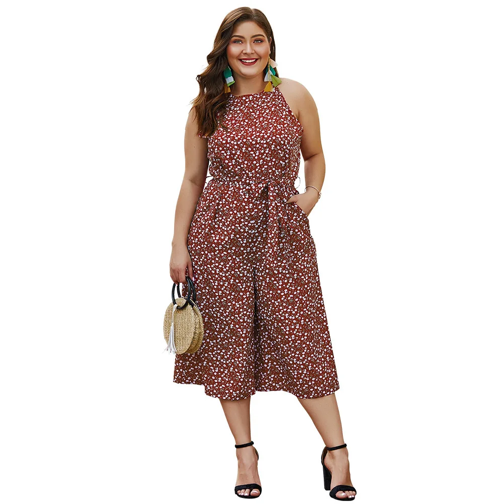 

Plus Size Summer Jumpsuit Women Polka Dot Elegant Playsuit Flare Office Ladies Calf Length Overalls Casual Pockets Rompers 2019