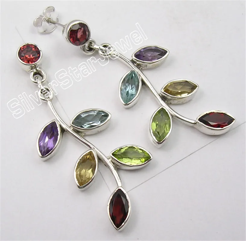 

Silver MULTISTONE AMETHYSTS IOLITE TREE LEAVES Dangle Earrings 4.6CM