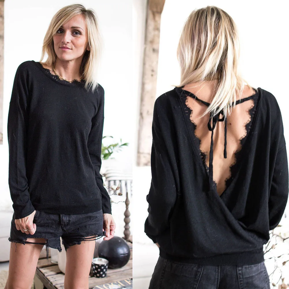 

Fashion 2018 T Shirt Women Ladies crop top Lace Long Sleeve Loose Clothes backless T Shirt Camisetas Mujer Ropa