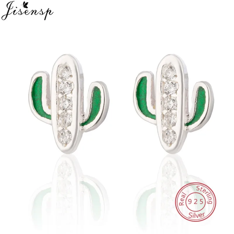 Jisensp 925 Sterling Silver Dazzling Green Cactus Crystal Stud Earrings for Women Authentic Silver Jewelry Plant Earrings Bijoux