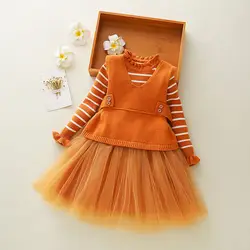 2018 Весна и осень одежда для детей 2 предмета одежды для девочек полосатый свитер платье + Вязанный свитер для малышей детское платье