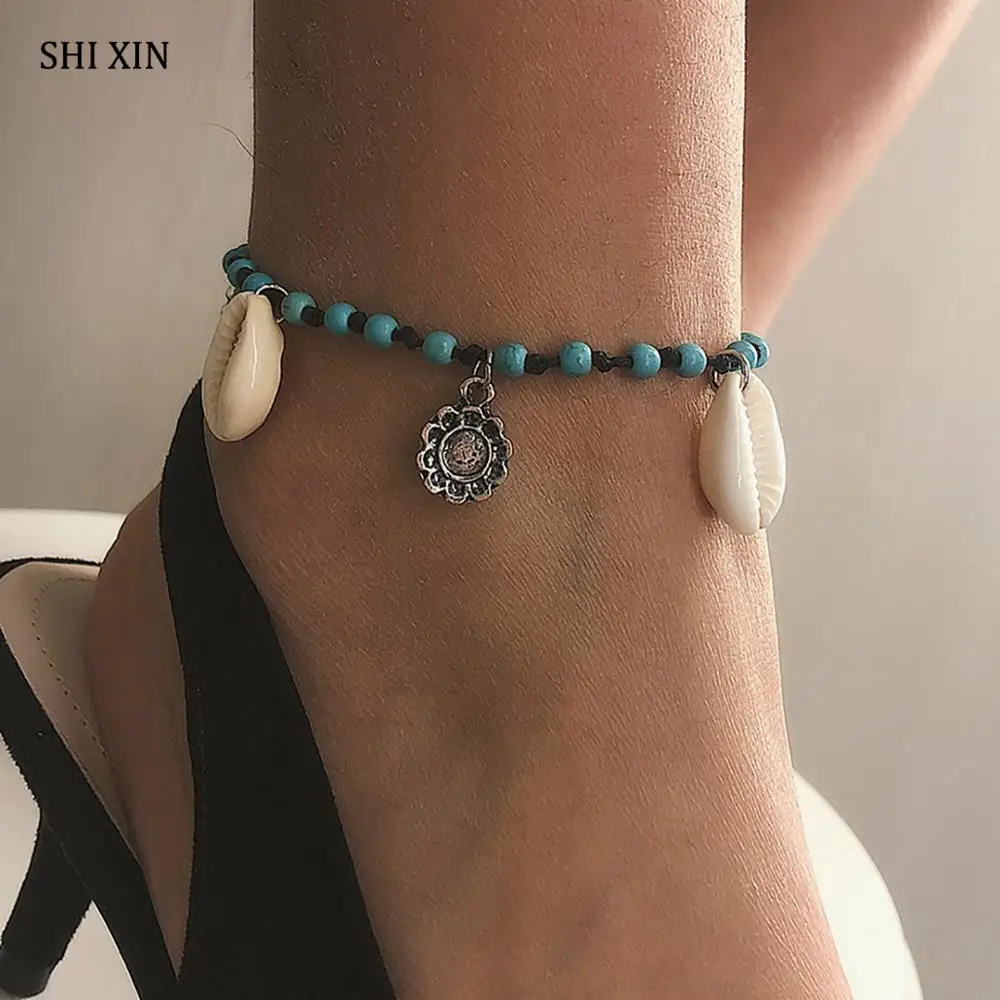 

SHIXIN Colorful Beads Boho Sea Shell Ankle Bracelet Women Charms Foot Bracelet on the Leg Summer Seashell Bracelet Chain on Foot