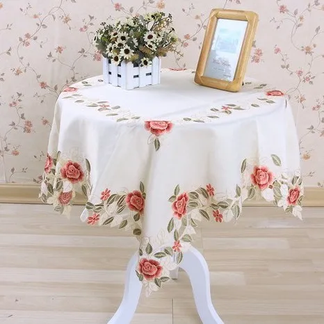 

vezon 83*83cm Elegant Polyester Jacquard Embroidery Floral Satin Tablecloth Cutwork by Hand Table Topper Covers