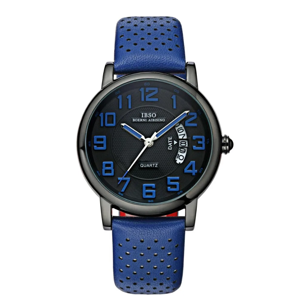 

IBSO Fashion Luminous Watches Men's Black Case Genuine Leather Strap Big Date Quartz Watch 3860G