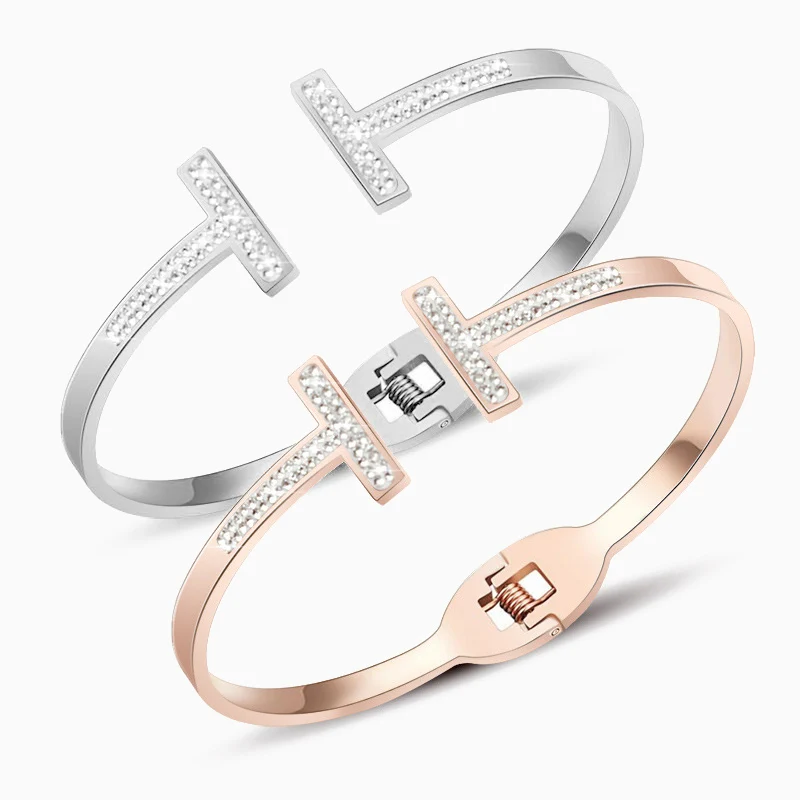 

Fashion Zircon T Shape Bracelets Gold Color Stainless Steel Women Brand Tif Design Charm Cute Bangles Cuff Female Jewelry Gifts