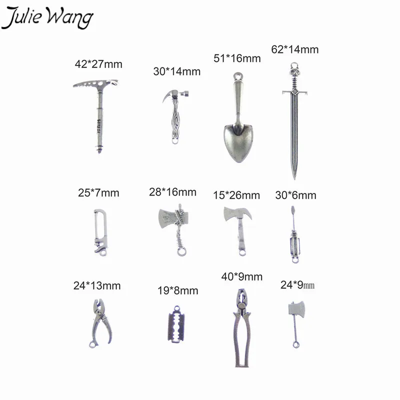 

Julie Wang 12PCS Homely Tool Sword Pendant Wholesale Silver Tone Little Charm for Making Keychain Cool Jewelry Accessory Finding