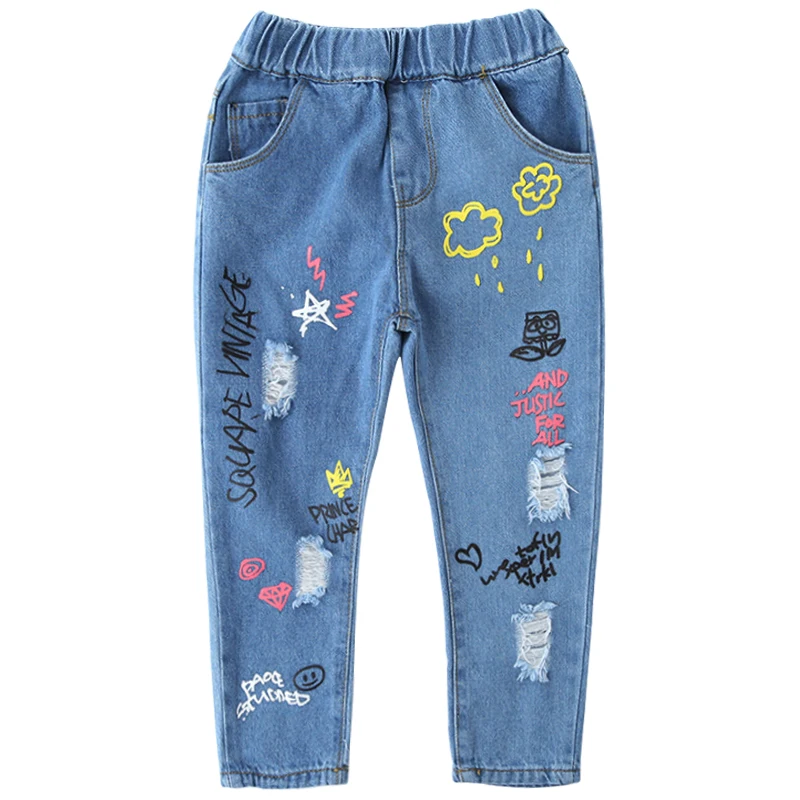 Girls Jeans Kids Denim Clothes Baby Girl Painted Ripped Jeans Pants