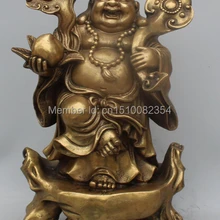 1" Клеймо Китайский Бронзовый Happy Смех Будды Майтреи Держите Персик Жуй Базы Статуя