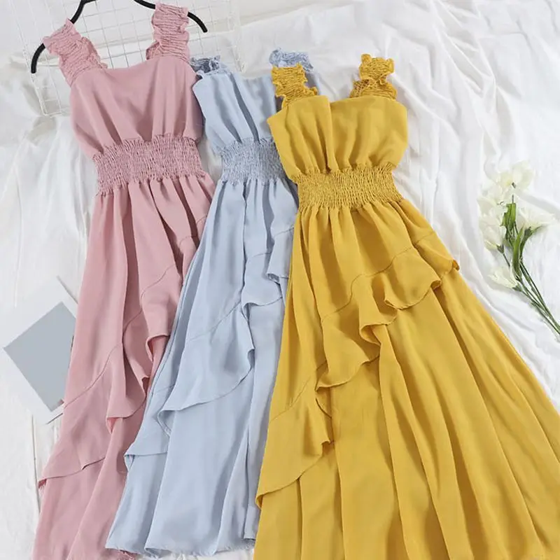 

Mferlier Ladies Off Shoulder Dress Wood Ear Wide Spaghetti Strap High Waist Ruffles Spliced 7 Solid Colors Summer Beach Dress
