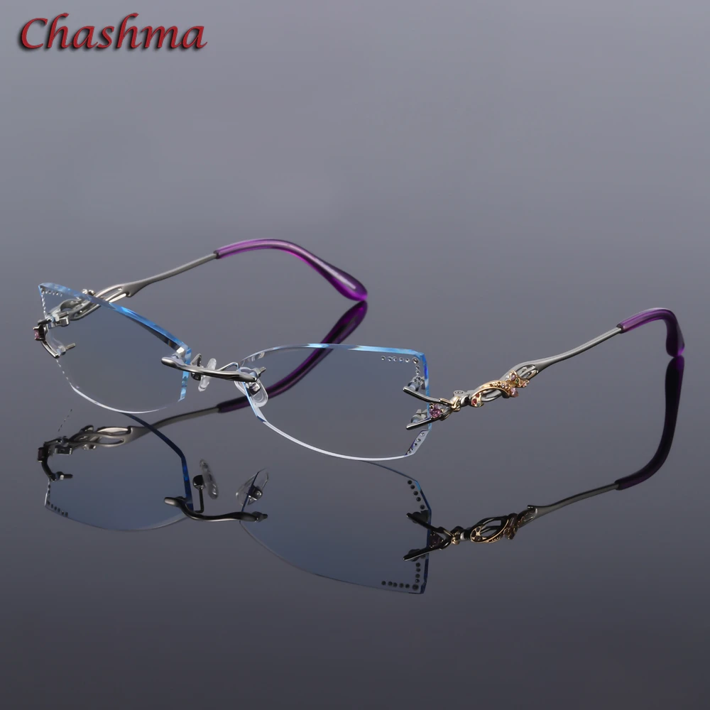 Бренд Chashma, тонированные линзы, солнцезащитные очки, титановые очки, женские очки с кристаллами, оправа, кошачий глаз, без оправы, женские очки
