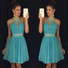 Halter elegante kurze heimkehr kleider 2017 eine line perlen backless mini chiffon prom kleid cocktailkleider fx07