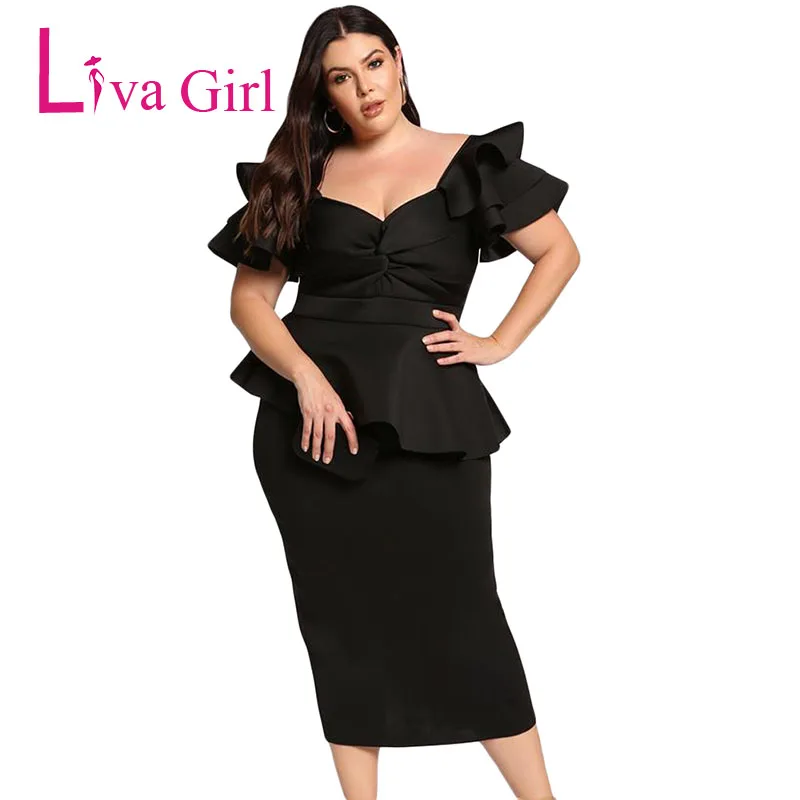 

LIVA GIRL Formal Plus Size Dress Women Ruffles Short Sleeve Bodycon Large Office Midi Dresses Sexy Twisted Peplum Female 4XL 5XL