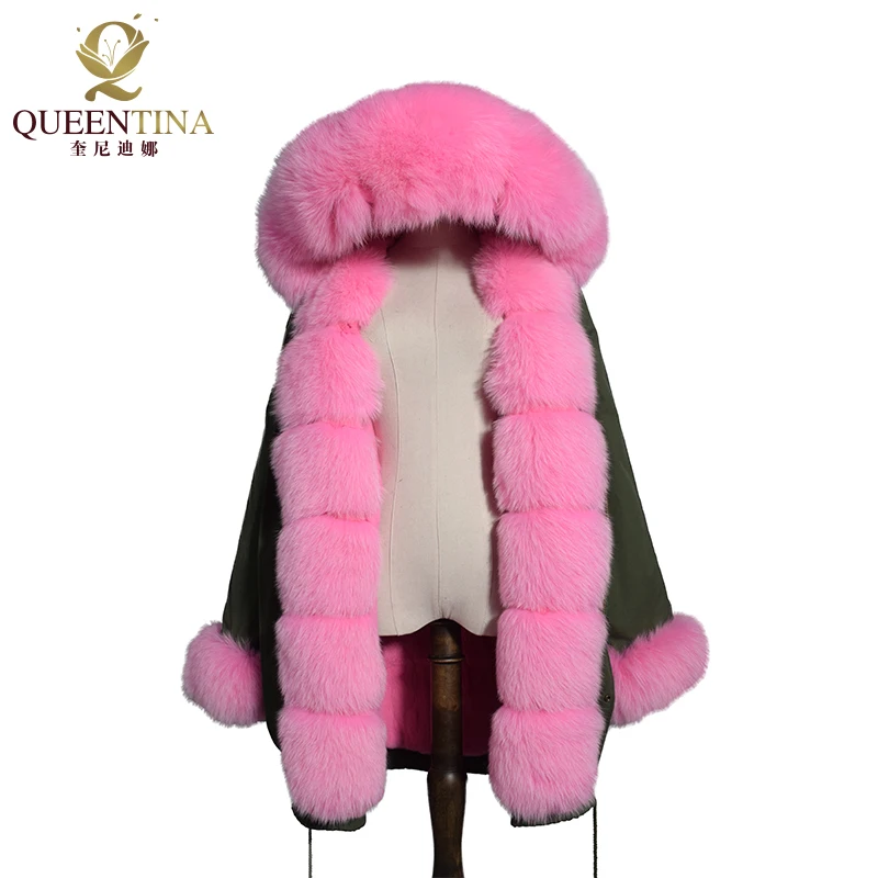 

Real Fur Parka Coat Hooded Rabbit Fur Linning Jacket Thick Fur Parkas Women Winter Natural Real Fox Fur Collar Coats with Hood